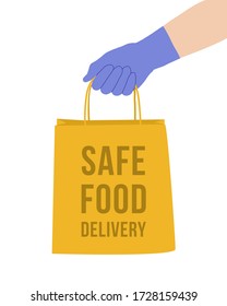 Vector Illustration With Couriers Hand In Blue Protective Glove Holding Delivery Paper Bag With Food. Safe Food Delivery Service Concept Design During Covid-19 Quarantine