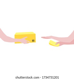 Vector illustration of courier's hands with package and human reaching out hand to get box and  money in other hand.  Delivering the parcel or box concept. Online shopping order