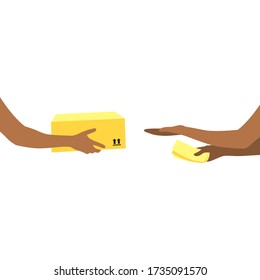 Vector illustration of courier's hands with package and human reaching out hand to get box and  money in other hand.  Delivering the parcel or box concept. Online shopping order