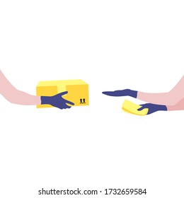Vector Veranschaulichung der Hände des Kuriers in Schutzhandschuhen mit Verpackung und Menschen ausgreifen Hand, um Box und Geld in der anderen Hand zu bekommen.  Lieferung des Paketkonzepts oder des Verpackungskonzepts. Online-Bestellung