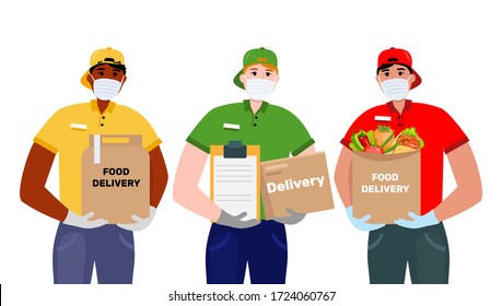 Vector illustration with couriers. People in protective masks and gloves. The concept of an epidemic disease. Isolated on a white background.