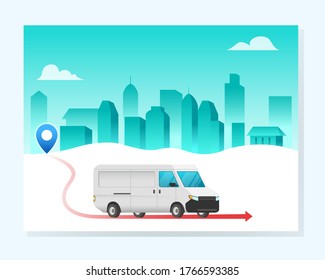 Vector illustration of courrier transporting goods ordered to buyer. Suitable for full web page illustration. 