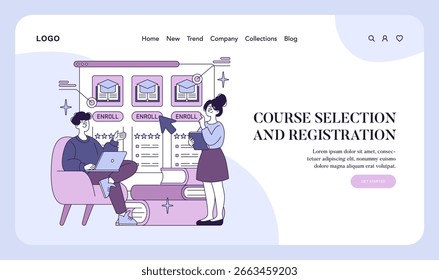 Ilustración vectorial de una página web de inscripción de cursos con dos personas interactuando con Elementos digitales. Uno está sentado con una computadora portátil, el otro de pie con un Portapapeles.