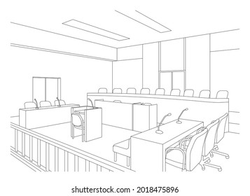 Vector Illustration Of Court Room. Hold A Trial.