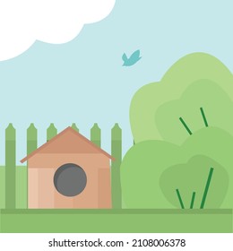 Vector illustration of the courtyard of a private year, where the dog house is located