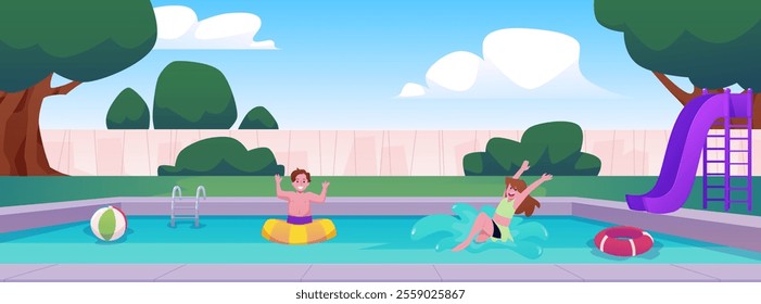 Vector illustration of a courtyard with a swimming pool, a girl and a boy enjoying a swim. They swim with an inflatable circle and jump into the water from a slide