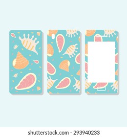 Vector illustration. Cover and mobile phone display decorated with seashells. Bright ornament seascape