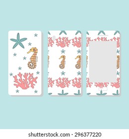 Vector illustration. Cover and mobile phone display decorated with seahorse, coral and sea stars. Bright ornament seascape