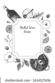 Vector illustration for cover for mulled wine recipe. Set of spices for mulled wine packaging design in freehand drawing style. Label or box black and white.