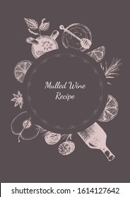 Vector illustration for cover for mulled wine recipe. Set of spices for mulled wine packaging design in freehand drawing style. Label or dark wine color.