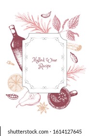 Vector illustration for cover for mulled wine recipe. Set of spices for mulled wine packaging design in freehand drawing style. Label or box of red wine color.