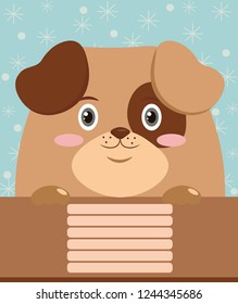 Vector illustration, cover for notebook, dog, winter, snowflakes 