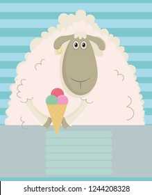 Vector illustration, cover for notebook with sheep and ice cream on striped background
