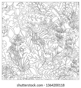 Vector illustration cover, postcard or print from plants. Here are the leaves, flowers, herbs.