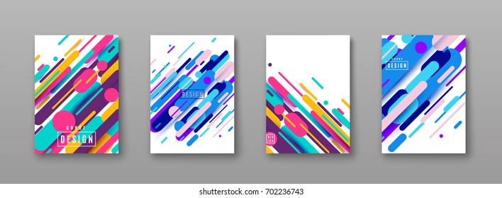 Vector illustration of cover poster pattern template set with dynamic composition made of various colored rounded shapes lines in diagonal rhythm. Minimalistic geometric motion design