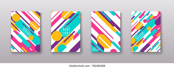 Vector illustration of cover poster pattern template set with dynamic composition made of various colored rounded shapes lines in diagonal rhythm. Minimalistic geometric motion design