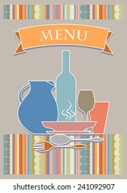 Vector Illustration for the cover of restaurant menu. In the central design: jug, bottle, glasses, plates and cutlery.
