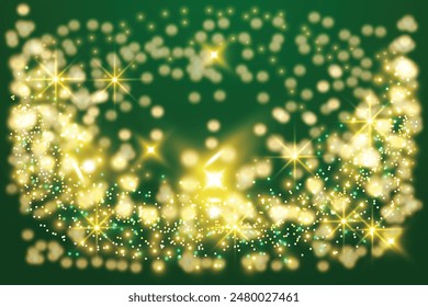 Vector illustration cover template golden dots glowing round frame rays glitter confetti sparkle wave rain falling Horizontal green background Holiday gold spotlights Bright flashes Xmas Copy space