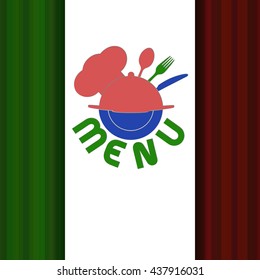 Vector illustration Cover template restaurant menu texture Fork and spoon with a cap and a plate in a circle, the inscription on the background of the Italian flag colors.