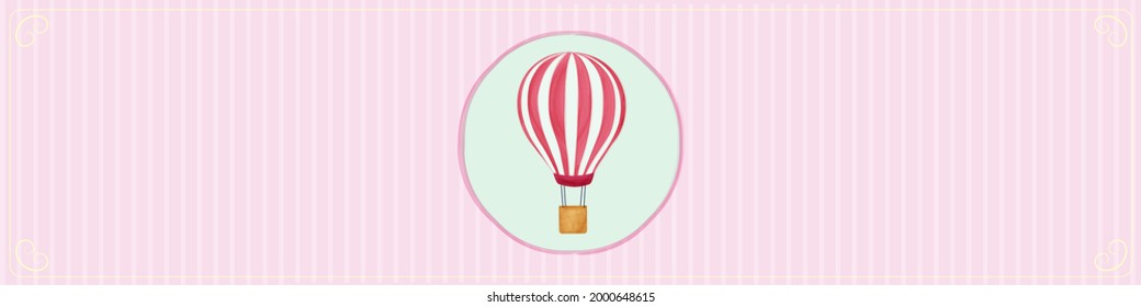 Vector illustration of a cover template for a site pink with transparent stripes and monograms in the middle of a picture of a striped white and red balloon with a basket in a retro watercolor style.