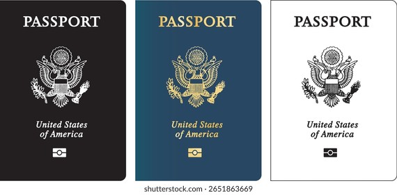 ilustração vetorial da capa do passaporte dos EUA em três variações