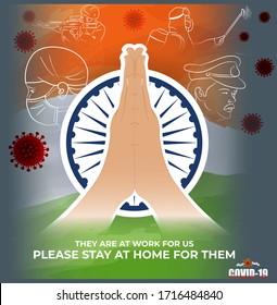 vector illustration for COVID -19 campaign poster with our real heroes , illustration is showing our guardian working continuously in deadly corona virus outbreak with requesting hand on Indian flag