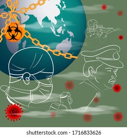 vector illustration for COVID -19 campaign poster with our real heroes , illustration is showing our guardian working continuously during lock down in deadly corona virus outbreak 