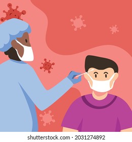 Vector illustration covid 19 medical worker doing pcr swab test with corona virus background