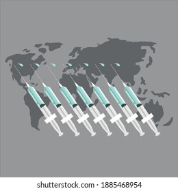Vector illustration Covid 19 vaccine treatment drug immunization and therapy injections New year 2021 vaccine World map background Vaccine syringes around the world for all the continents