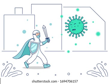 Vector illustration covid corona virus fight, doctor hazmat suit with warrior sword and shield fight coronavirus illustration concept