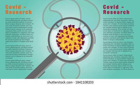 Vector illustration of Covid research for scientific article or a newspaper report. Virus molecule under a magnifier glass.