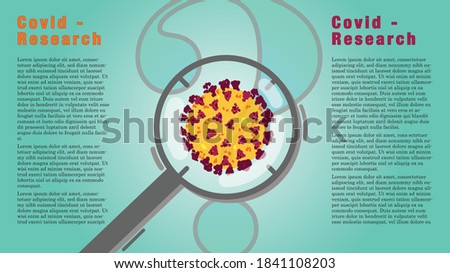 Vector illustration of Covid research for scientific article or a newspaper report. Virus molecule under a magnifier glass.