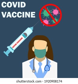 vector illustration of covid vaccination with syringe, doctor wearing mask, stop corona