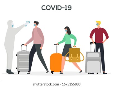 Vector illustration COVID-19 2019-nCoV China virus Pandemic Man in hazmat suit remotely measures temperature to passengers. Pathogen respiratory Chinese coronavirus SARS Stop Design for website, print