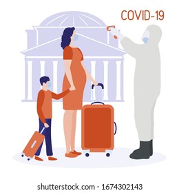 Vector illustration COVID-19 2019-nCoV Italy Man in hazmat suit remotely measures temperature to passengers. Pathogen respiratory Chinese coronavirus SARS pandemic risk Design for website, print