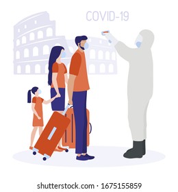 Vector illustration COVID-19 2019-nCoV Italy Man in hazmat suit remotely measures temperature to passengers. Pathogen respiratory Chinese coronavirus SARS pandemic risk Design for website, print
