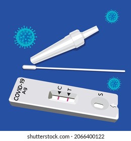 Vector illustration of COVID-19, Antigen test kit (ATK) 
with a nasal swab. Reagent and virus in the background. 
Waiting for the results of the examination.