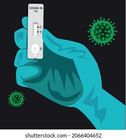 Vector illustration of COVID-19, Antigen test kit (ATK) 
with a nasal swab. Reagent and virus in the background. 
Waiting for the results of the examination.