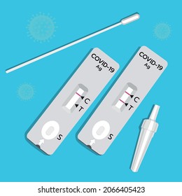 Vector illustration of COVID-19, Antigen test kit (ATK) 
with a nasal swab. Reagent and virus in the background. 
Waiting for the results of the examination.