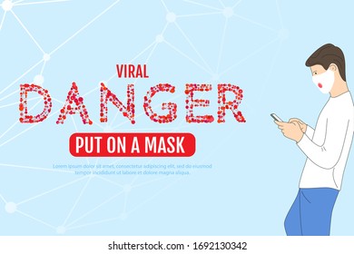  Ilustración vectorial. El tipo usa el teléfono durante una pandemia de coronavirus. Adolescente con una máscara facial con un teléfono en las manos. Diseño para sitios web, banners, plantillas, carteles. 