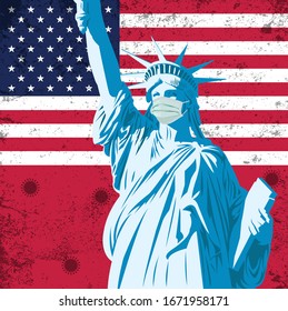 Vector Illustration of Covid-19 background with The Statue of Liberty with medical mask and USA flag