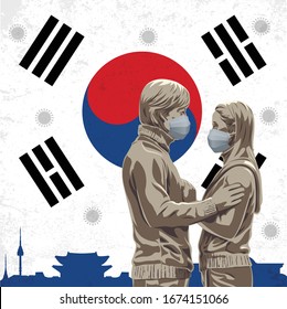 Ilustración vectorial de los antecedentes del Covid-19 con la estatua de la actriz y actriz coreana en la isla de Nami con máscara médica y bandera de Corea del Sur