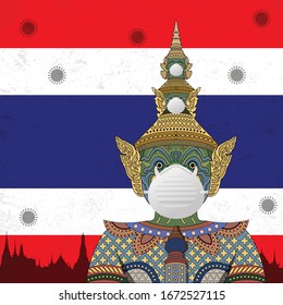 Vector Illustration of Covid-19 background with The Thai traditional giant statue wearing face mask and Thailand flag
