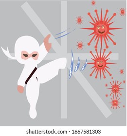 Ilustración vectorial de una batalla del virus Covid-19 Corona. curar el virus de la corona. la gente lucha contra el concepto de virus. el concepto de la vacuna del virus de la corona. finales de 2019-Nov. no teman al engaño