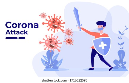 Vector illustration covid-19 corona virus attack. people fight virus concept. end of 2019-ncov. don't be afraid of the corona virus concept