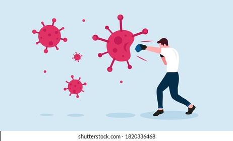 Vector illustration of Covid-19 fight with a man punching virus. Suitable for social media posts with concept against coronoavirus, web templates, landing page, etc.