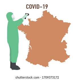 Vector illustration COVID-19 Pandemic. Man in hazmat suit remotely measures temperature to France. Pathogen respiratory coronavirus 2019-nCoV. Health, medicine. Stop spread of virus. Design for print