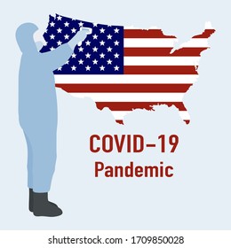 Vector illustration COVID-19 Pandemic. Man in hazmat suit remotely measures temperature to USA. Pathogen respiratory coronavirus 2019-nCoV. Health, medicine. Stop spread of virus. Design for print