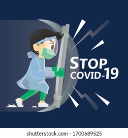 Vector illustration Covid-19 protection. Medical man wearing protection suites fight against covid-19 virus or coronavirus. Character design.