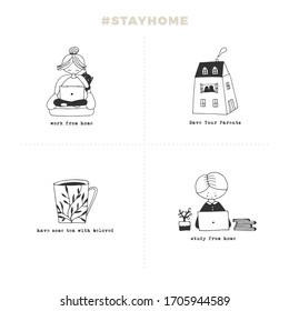 Vector Illustration. Covid-19. Stay home on quarantine during the coronavirus pandemic. Be positive and safe. Self-isolate to protect the family and society.
